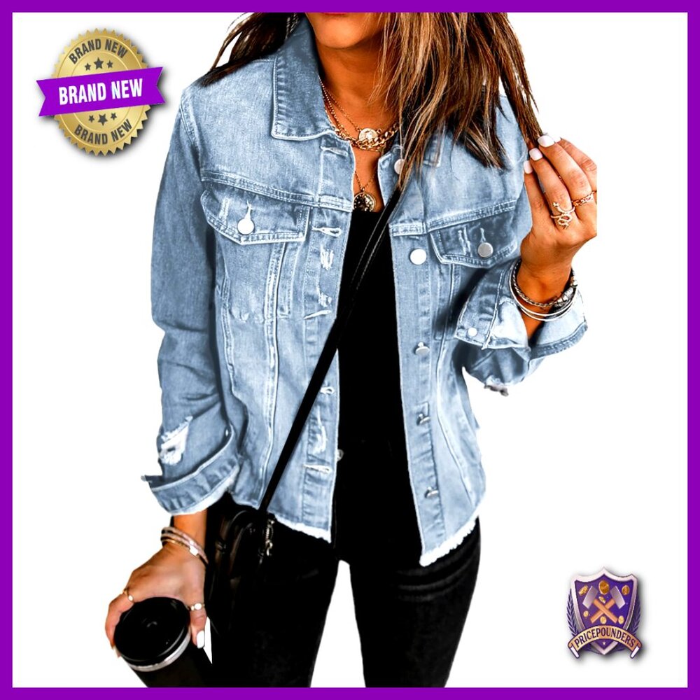 Cropped Denim Jacket Oversized Boyfriend Fit Ripped Holes Fringed Hem Casual